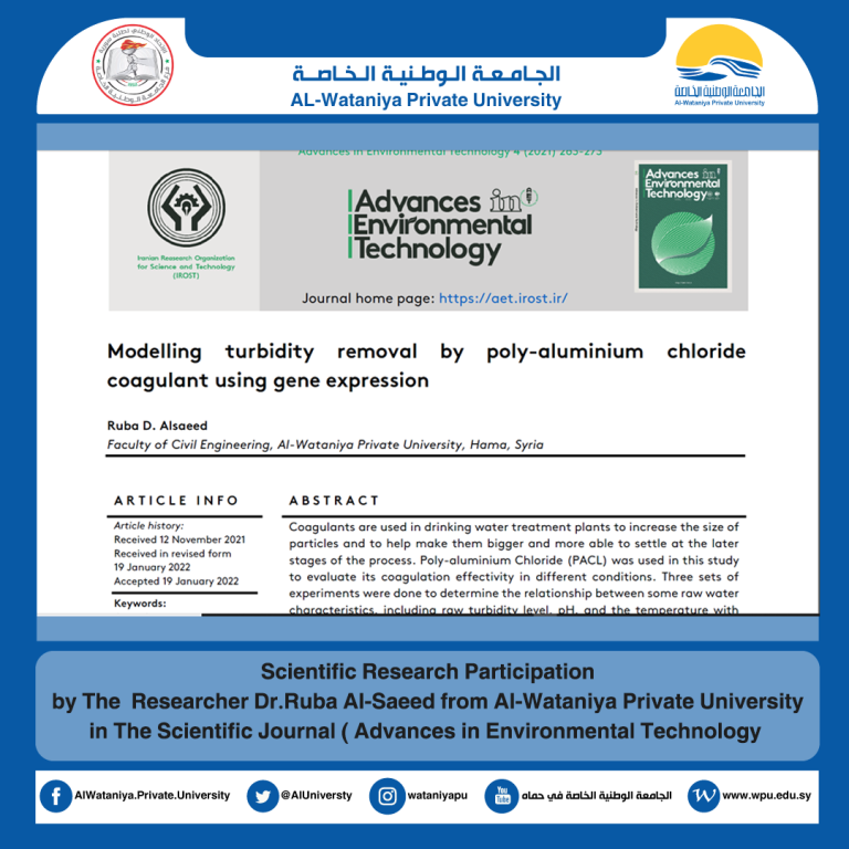 Scientific Research Participation by The  Researcher Dr.Ruba Al-Saeed from Al-Wataniya Private University in The Scientific Journal ( Advances in Environmental Technology