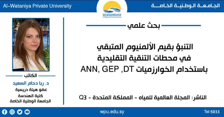 بحث علمي للدكتورة ربا دحام السعيد في المجلة البريطانية (المجلة العالمية للمياه – المملكة المتحدة – Q3)