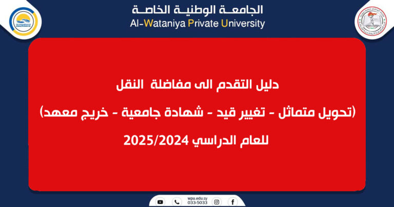دليل التقدم الى مفاضلة  النقل (تحويل متماثل – تغيير قيد – شهادة جامعية – خريج معهد) للعام الدراسي 2025/2024