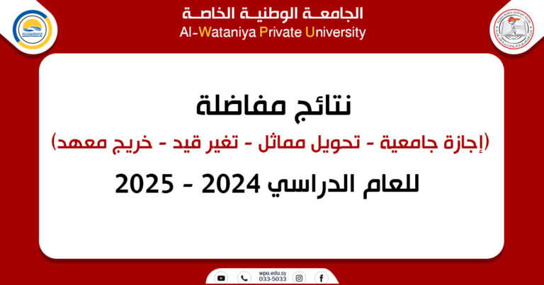 نتائج مفاضلة (إجازة جامعية – تحويل مماثل – تغير قيد – خريج معهد) للعام الدراسي 2024 – 2025)