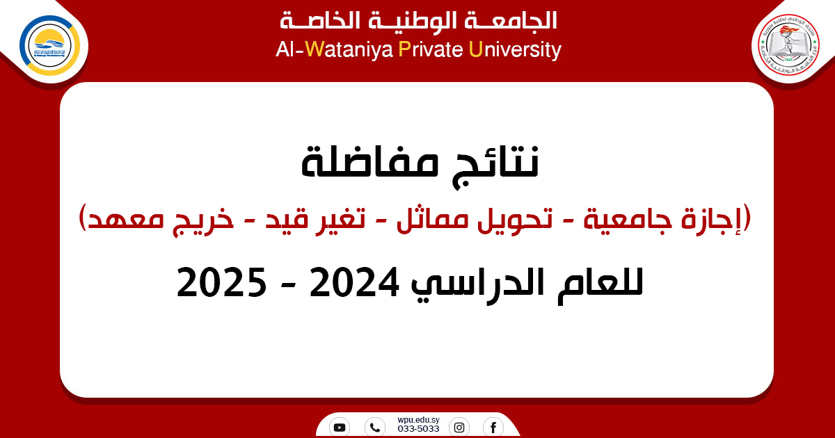 نتائج مفاضلة (إجازة جامعية – تحويل مماثل – تغير قيد – خريج معهد) للعام الدراسي 2024 – 2025)