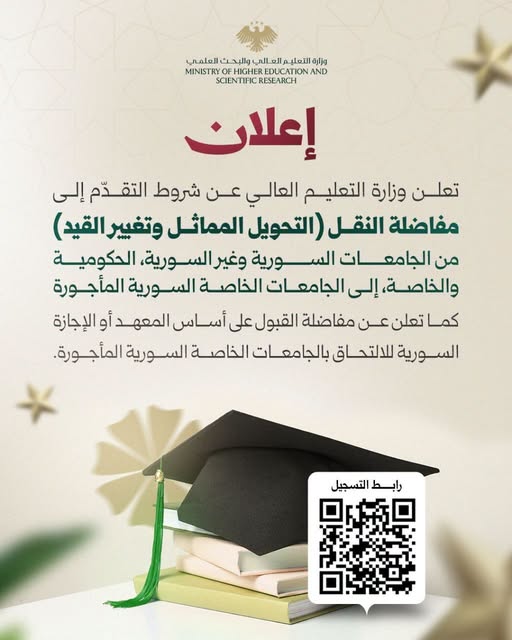 إعلان وزارة التعليم العالي والبحث العلمي حول مفاضلة النقل وتغيير القيد والقبول على أساس المعهد أو الإجازة