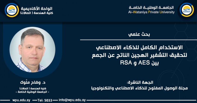 بحث علمي بعنوان : الاستخدام الكامل للذكاء الاصطناعي لتحقيق التشفير الهجين الناتج عن الجمع بين AES و RSA