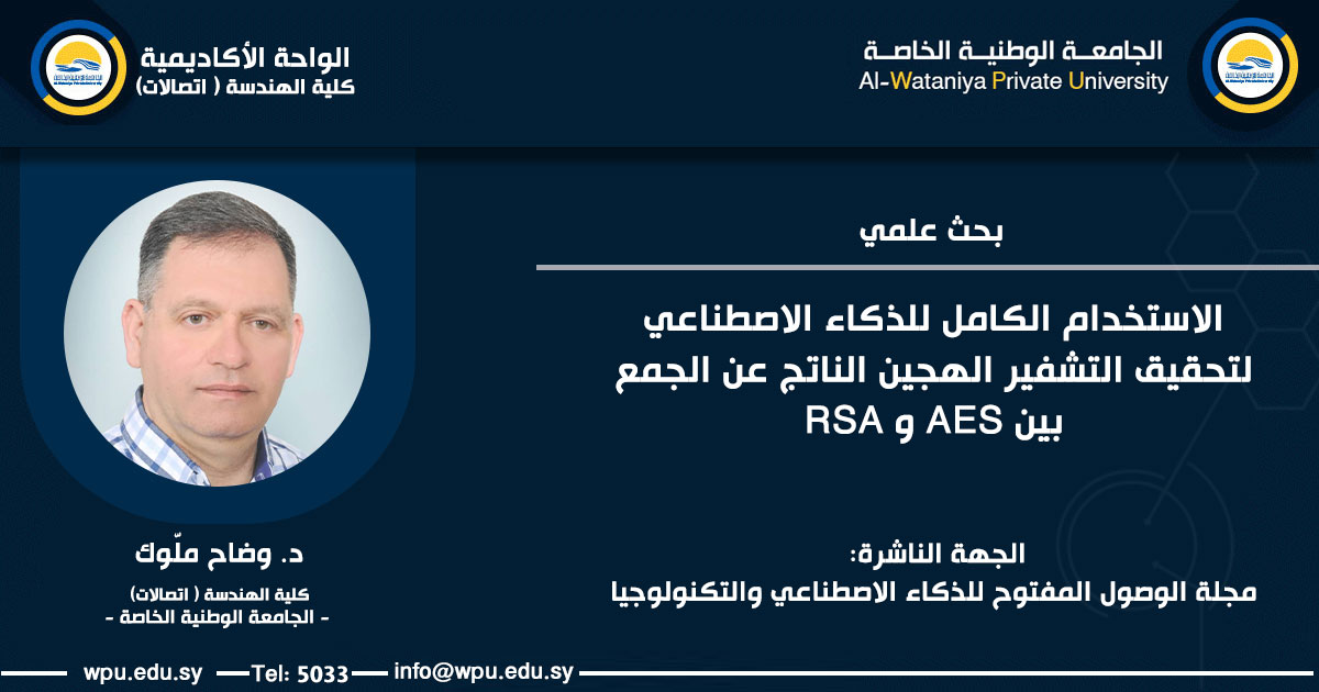 بحث علمي بعنوان : الاستخدام الكامل للذكاء الاصطناعي لتحقيق التشفير الهجين الناتج عن الجمع بين AES و RSA
