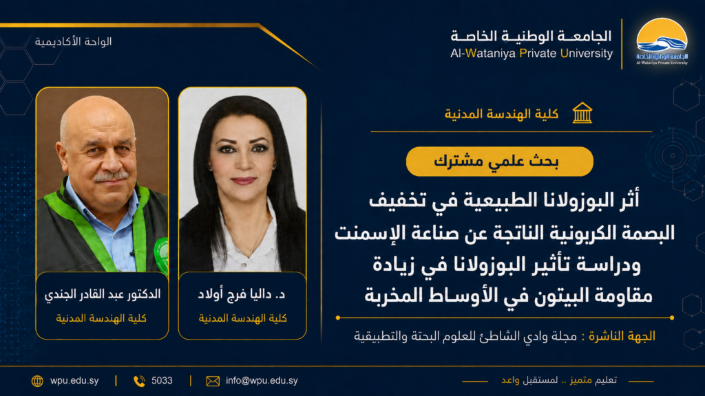 بحث علمي مشترك بعنوان :أثر البوزولانا الطبيعية في تخفيف البصمة الكربونية الناتجة عن صناعة الإسمنت ودراسة تأثير البوزولانا في زيادة مقاومة البيتون في الأوساط المخربة