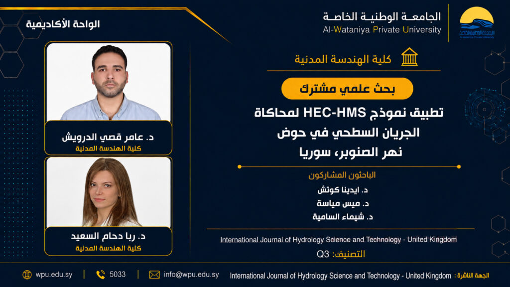 بحث علمي مشترك بعنوان : تطبيق نموذج HEC-HMS لمحاكاة الجريان السطحي في حوض نهر الصنوبر، سوريا